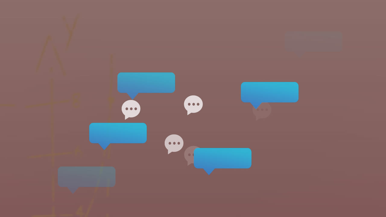 animación de burbujas de voz y iconos de cuadro de mensajes contra un fondo abstracto