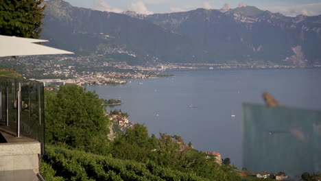 dolly of beautiful swiss landscape seen from a luxurious bar