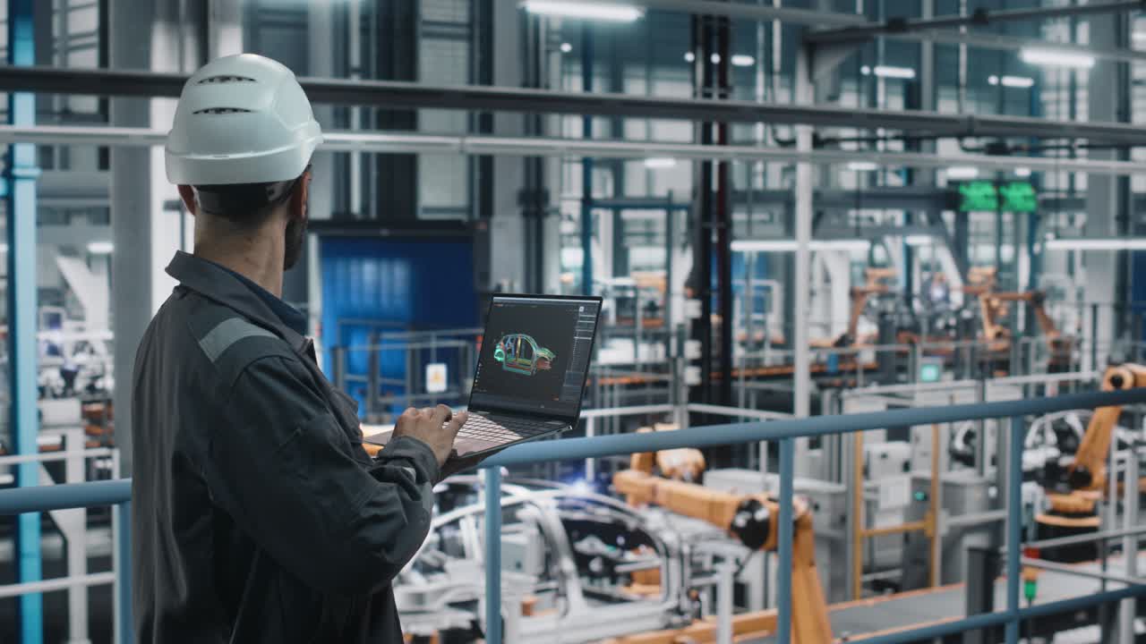 Car Factory Engineer in Work Uniform Using Laptop Computer with Digital 3D CAD Vehicle Blueprint. Male Specialist in Automotive Industrial Manufacturing Facility Working on Automobile Production.