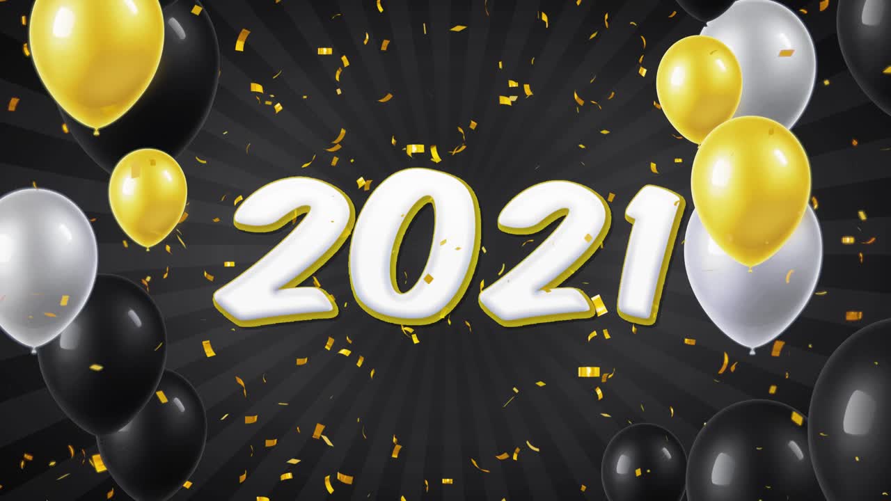 Neujahrsfeier 2021 mit Ballons und Konfetti