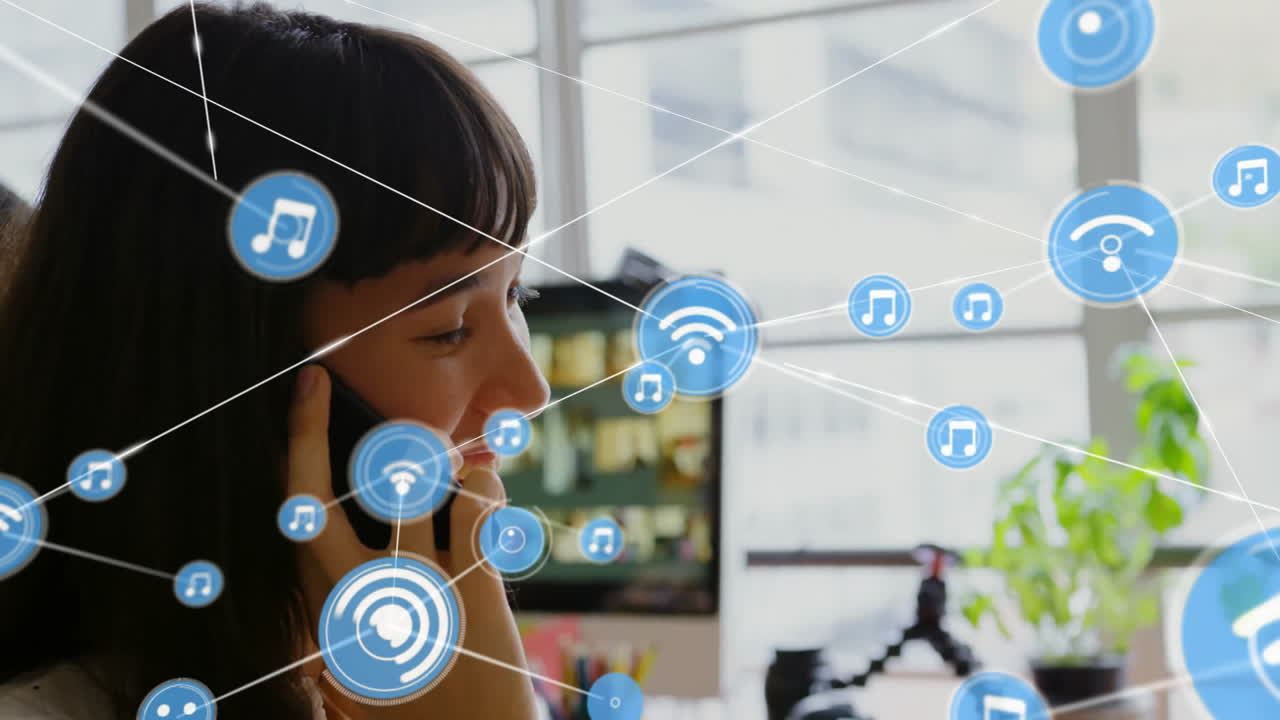 Talking on smartphone, woman surrounded by music and connectivity icons animation
