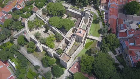 sao jorge castle lisbon portugal, drone rises and tilts down above city