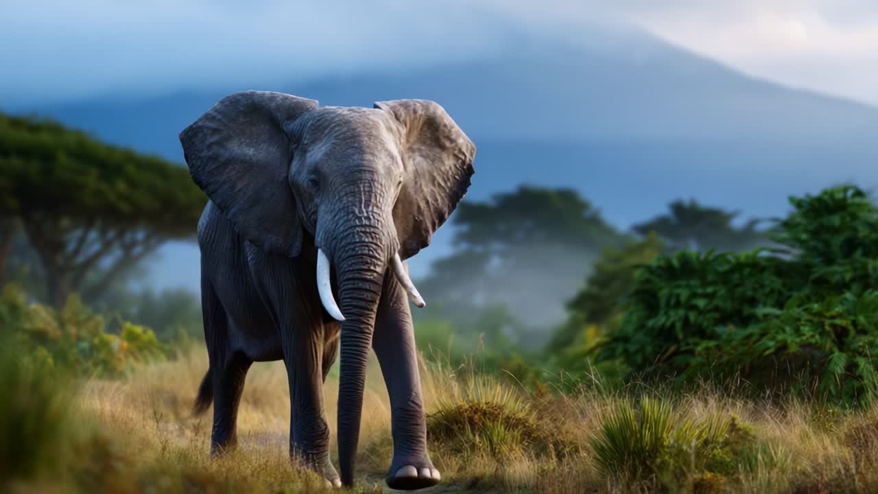 Majestic Elephant Walking Through Lush Grasslands Under Misty Sunrise with Mountains in the Background, Capturing Nature's Wonder and Wildlife Beauty