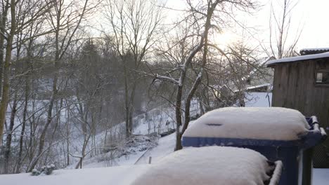 a lot of snow on backyard trash bins