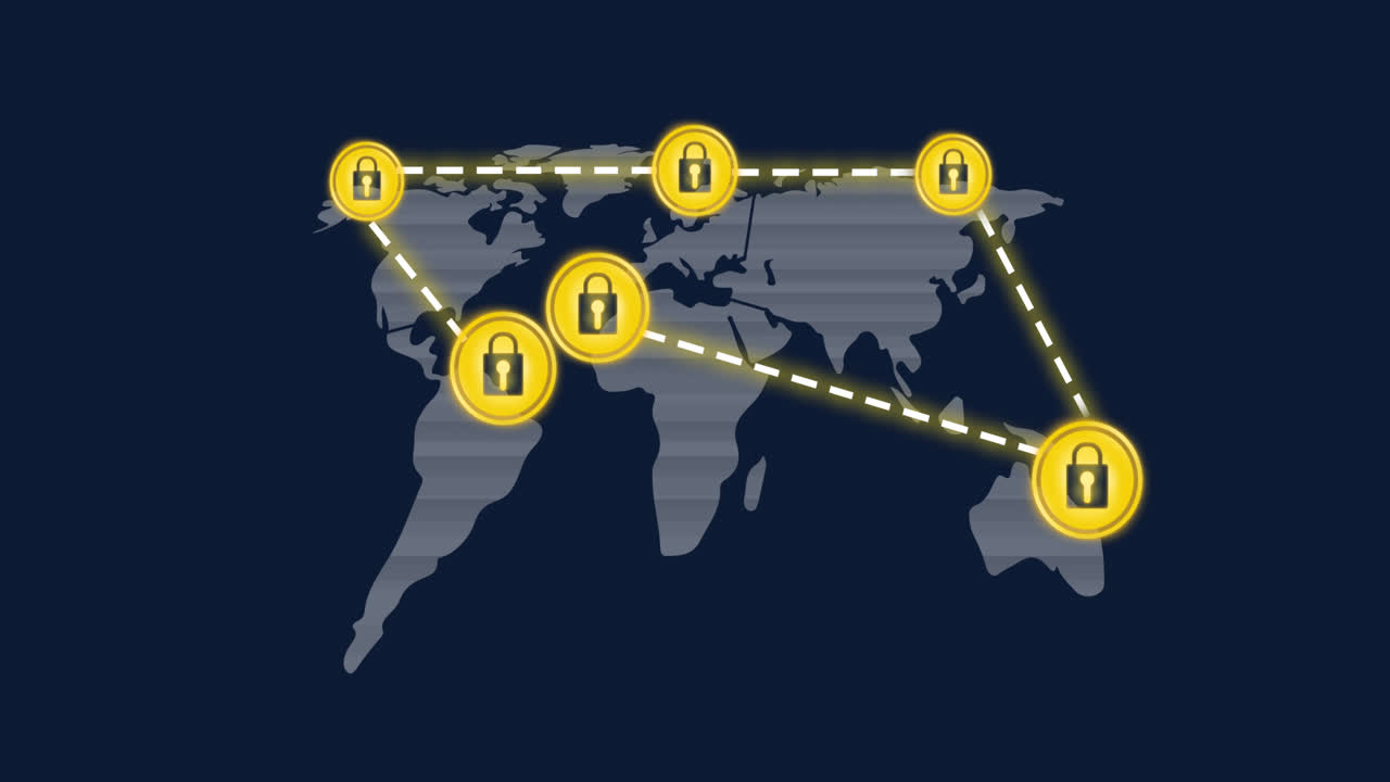 파란색 배경의 세계 지도 위에 노란색 팔 아이콘으로 네트워크의 애니메이션
