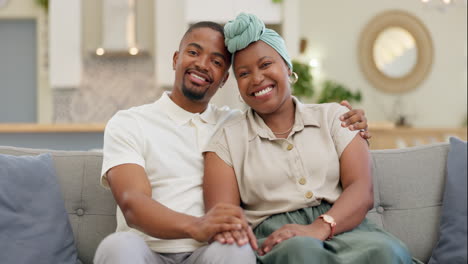 Black-couple,-love-and-relax-on-a-home-sofa