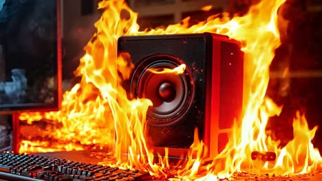 un teclado de computadora y un ratón sentados en la parte superior de un escritorio frente a un fuego