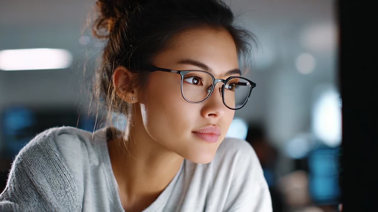 Deciding on the Future: A Focused Young Woman Deep in Thought with Glasses, Contemplating Life, Opportunity, and the Pursuit of Knowledge in a Modern Workspace Lit by Technology