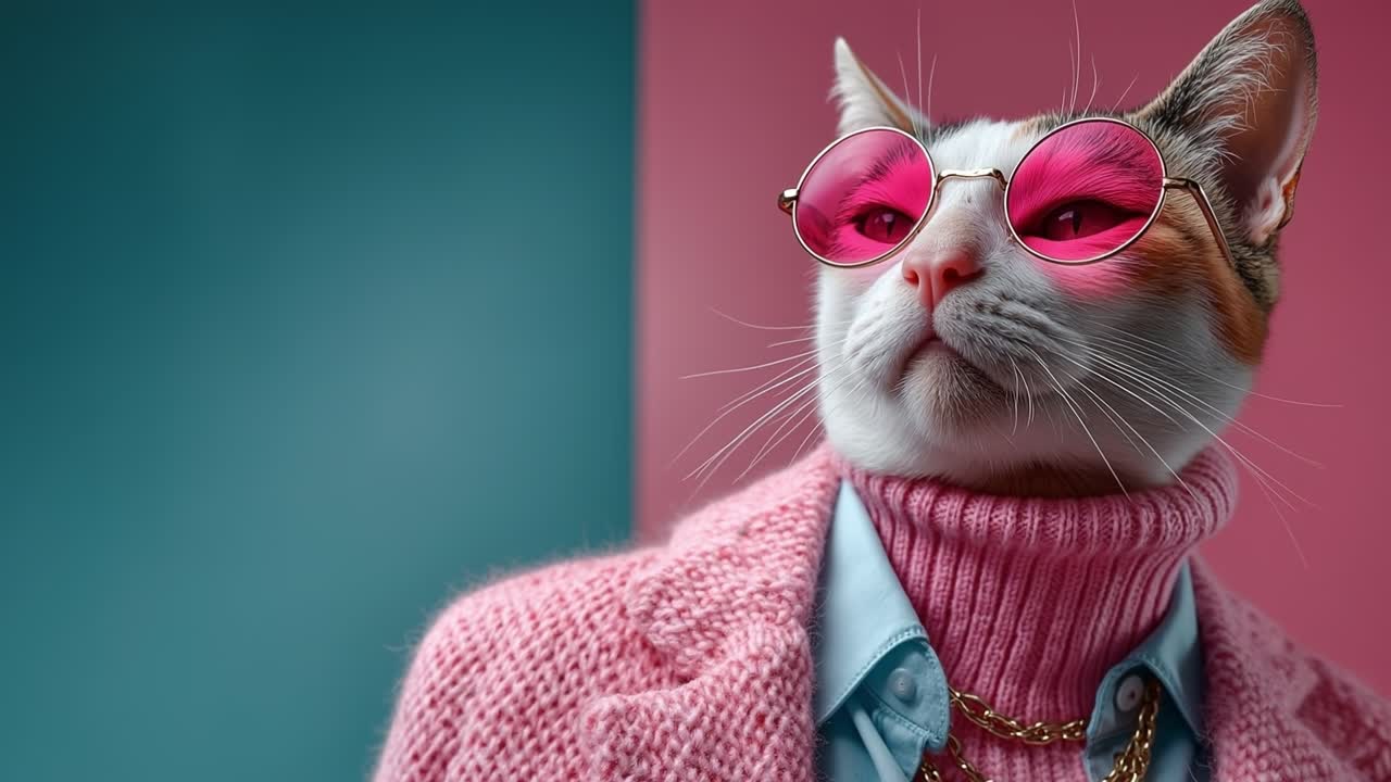 Trendy kat iført lyserøde solbriller og en stilfuld lyserød blazerjakke over en lyserød rullekrave-sweater.