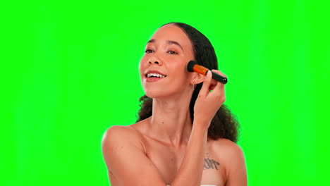 brush, makeup and face of woman on green screen