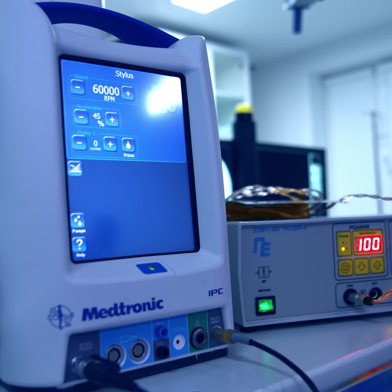 Medical equipment in the surgery room. Apparatuses are turned on for the operation. Close up