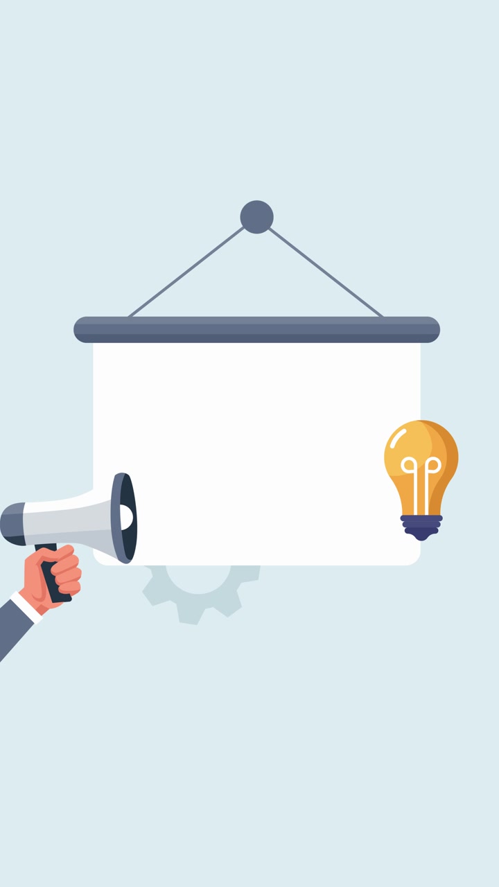 Animated Presentation Screen with Megaphone, Lightbulb, and Gear