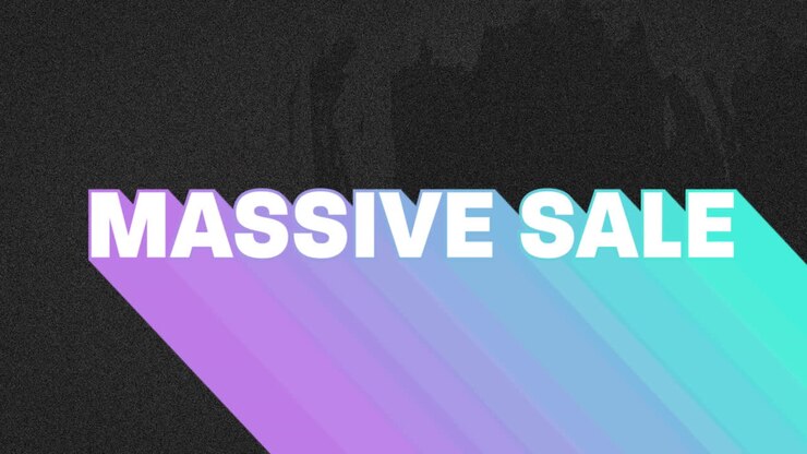 Animation of retro massive sale white text with rainbow shadow over grey flickering background