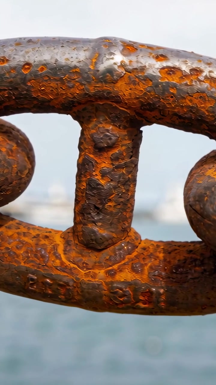 Video verticale: Telecamera che si sposta e panoramica su un gambo di catena arrugginito nel porto, mostrando un marchio impresso e il mare