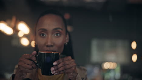 Black-woman,-coffee-shop-and-laptop-for-online