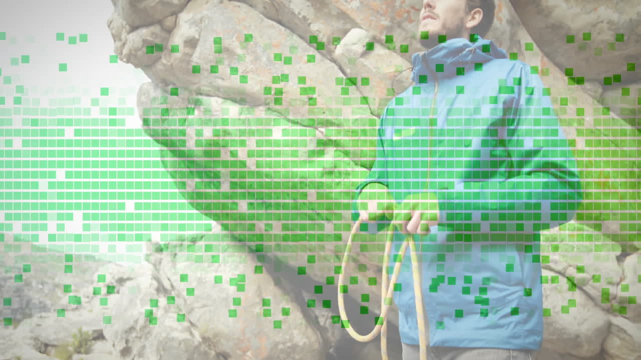 Climber handling climbing rope on granite boulders, featuring pixel grid overlay for technology