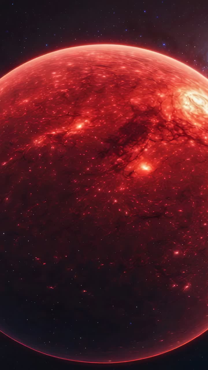Pionowy film: widok otwierający przedstawia obracającą się czerwoną planetę w kosmosie, pokazując punkty aktywne i burze