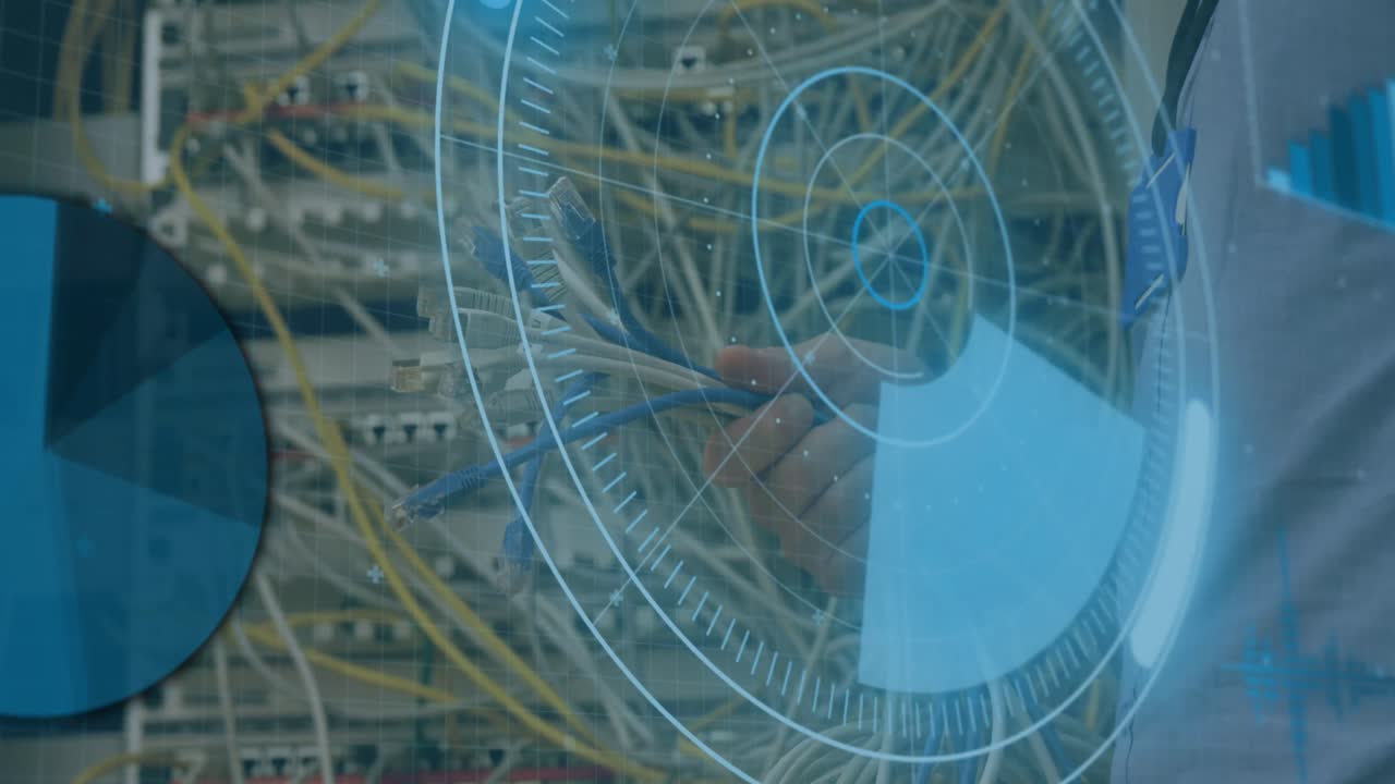 animación del escaneo del alcance y el procesamiento de datos a través de cables en el servidor informático
