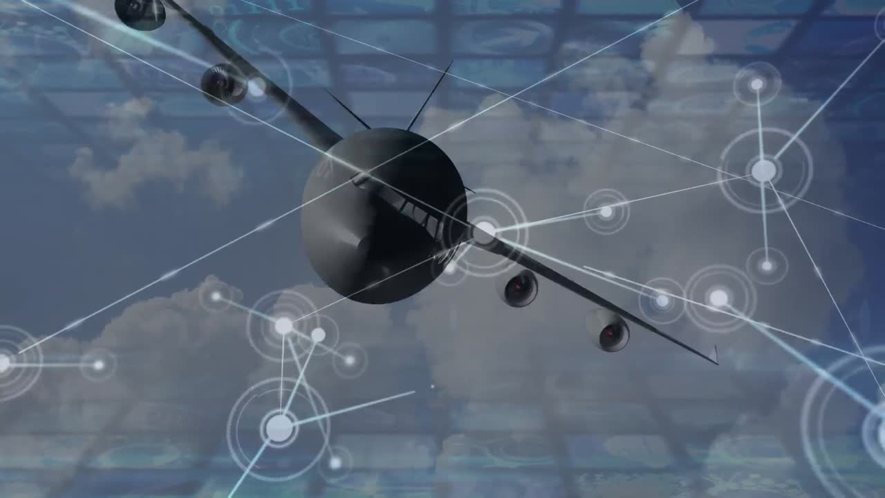 하늘을 날고 있는 비행기 위의 연결망의 애니메이션
