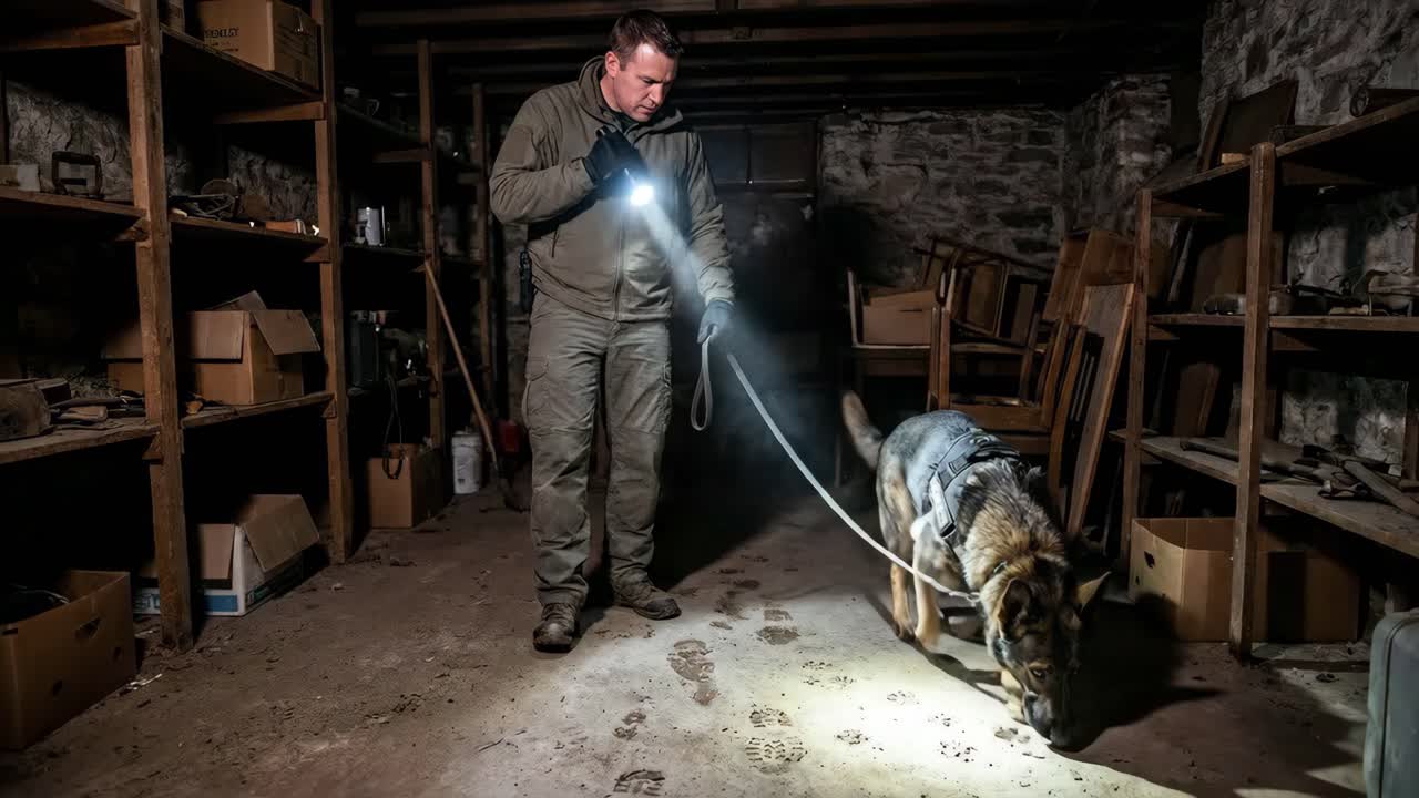 Mann og hund søker i en kjeller