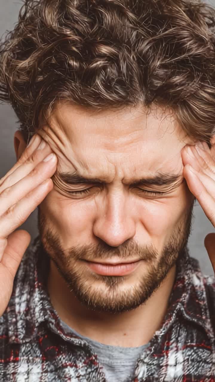 Um jovem sentindo um desconforto intenso, pressionando as têmporas, mostrando a manifestação física de estresse e dor em sua expressão, capturado em dois frames distintos