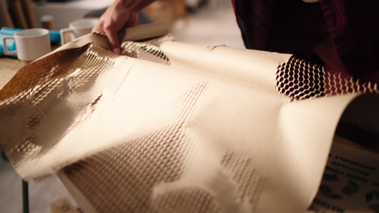 Person's Hands Unfolding Sustainable Honeycomb Packaging Material