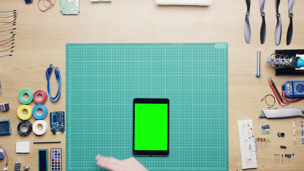 위에서 테크니션의 손이 책상에서 일하는  ⁇  - 빨간 서사시 드래곤