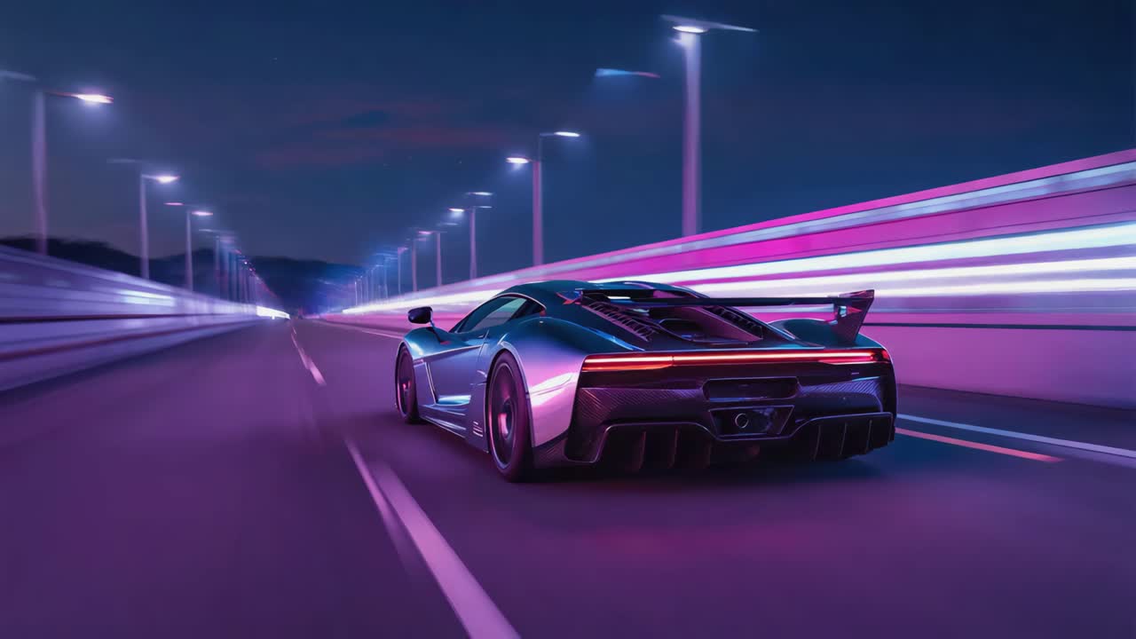 Futuristic Sports Car Driving at Night with Neon Lights