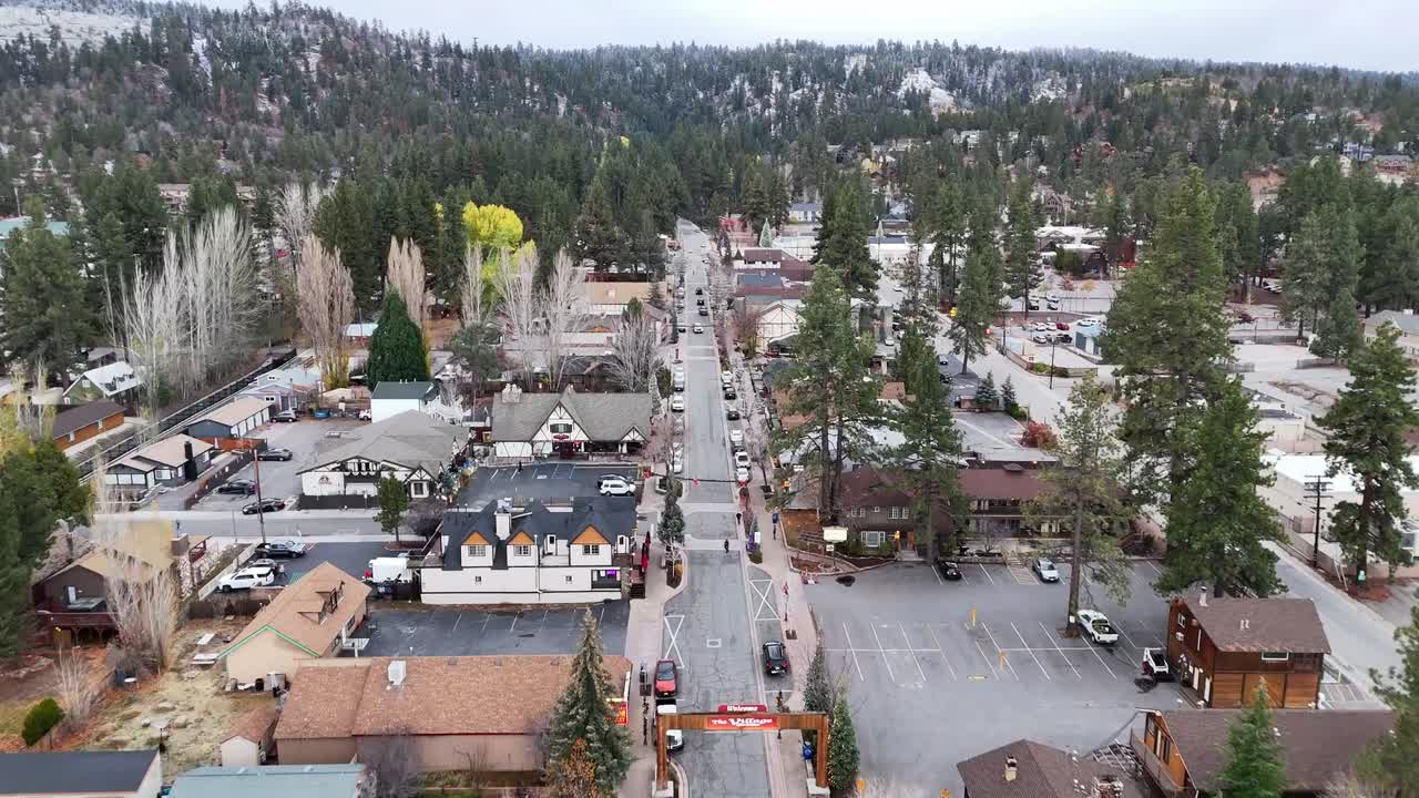 Panorama aérien à haute altitude révélant toute l’étendue du village de Big Bear Lake dans le sud de la Californie