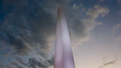 Low angle view of Buenos Aires city sunset skyline with Obelisk monument iconic architecture