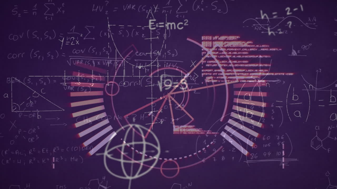 둥근 스캐너, 수학적 방정식 및 보라색 배경에 대한 데이터 처리의 애니메이션