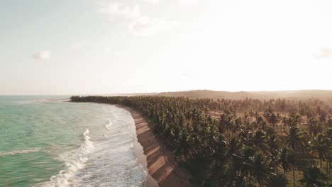 Golden hour coastline in Khao Lak, Thailand where gentle ocean waves meet dense palm forest under soft skies, captured from above in peaceful natural light
