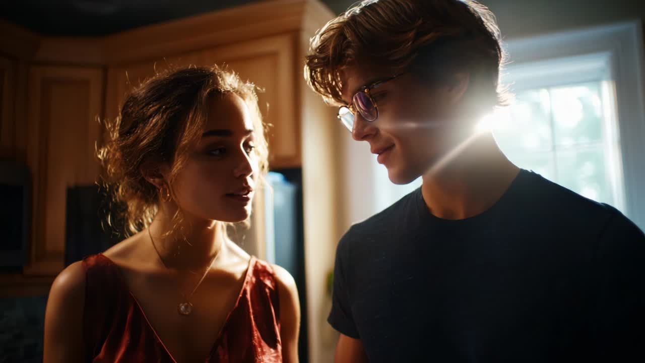 Captivating Moments Between Two Friends: A Subtle Exchange of Thoughts in a Warmly Lit Kitchen Setting, Highlighting Genuine Connection, Emotions, and Intimate Dialogue That Reflects Their Mutual Understanding