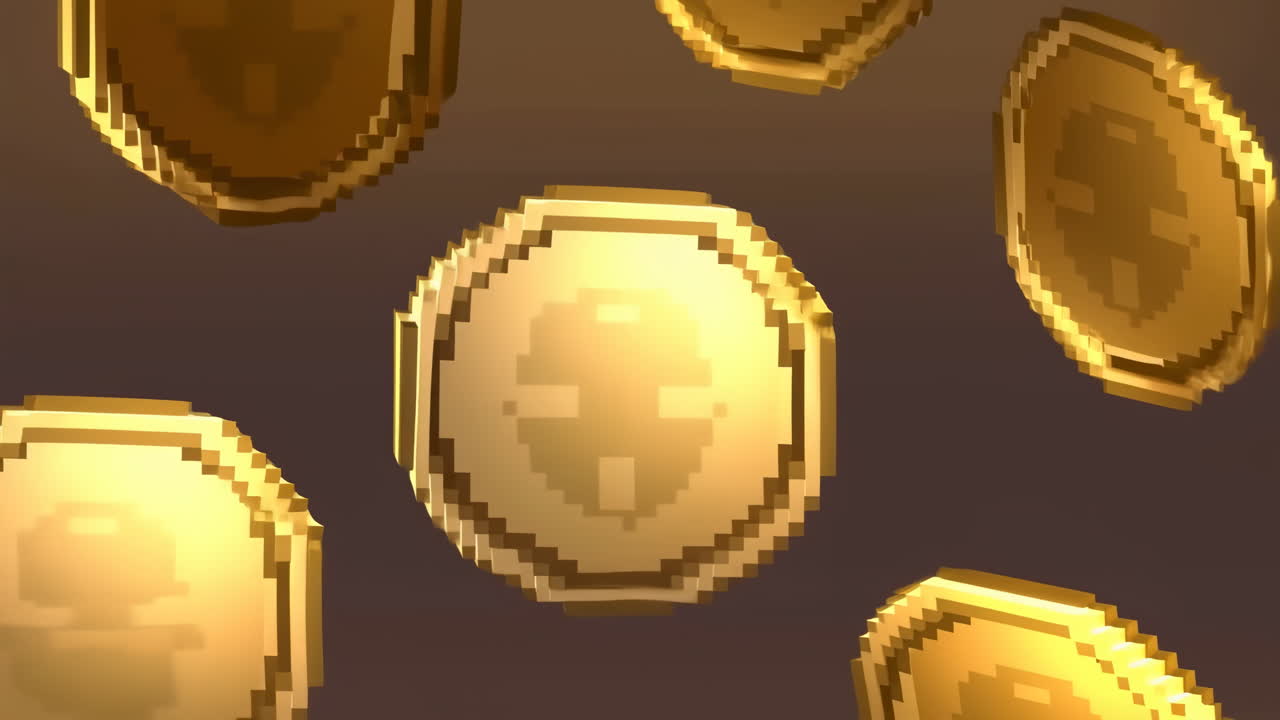 Retro Pixel Art Gold Coins Rotating and Falling