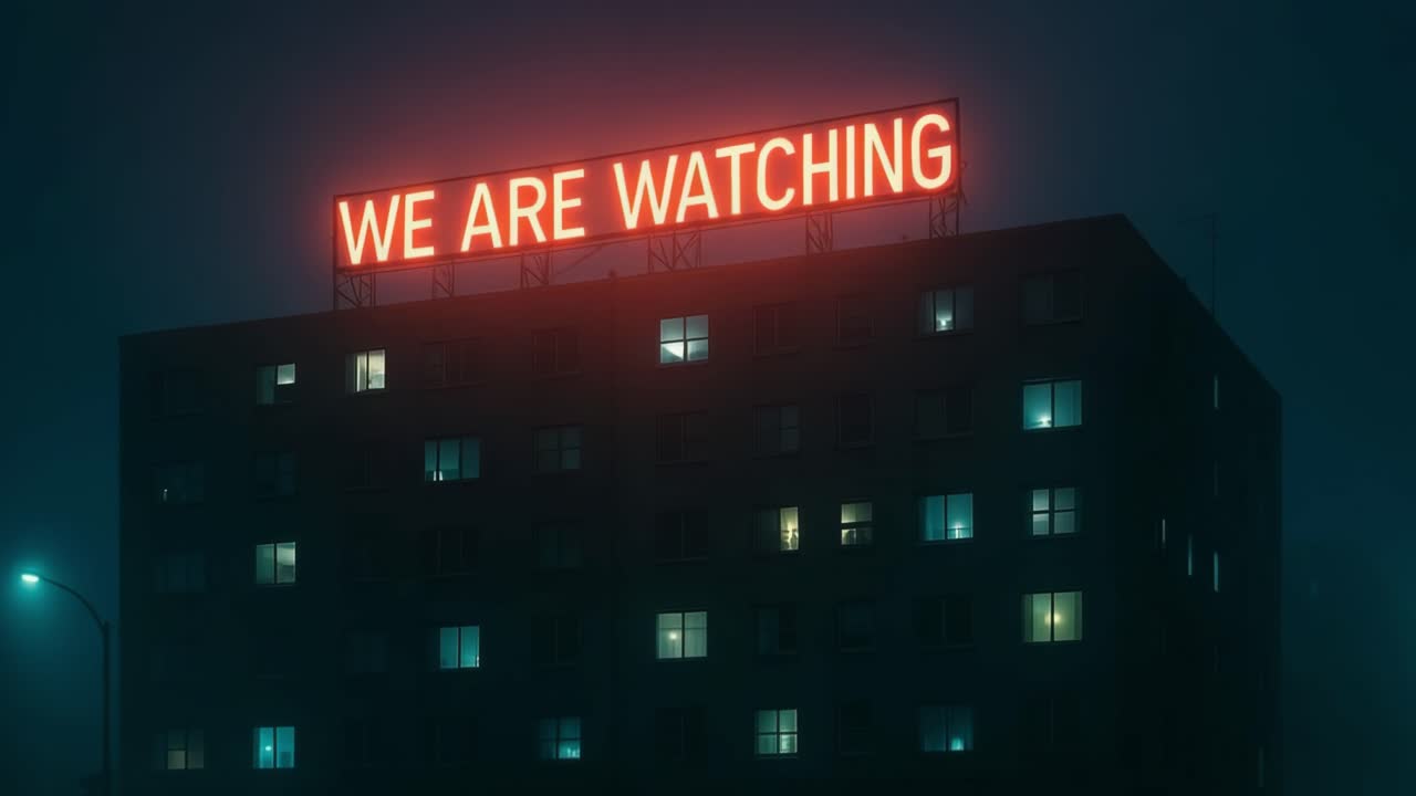 Urban building illuminated by neon sign in foggy night atmosphere with glowing windows