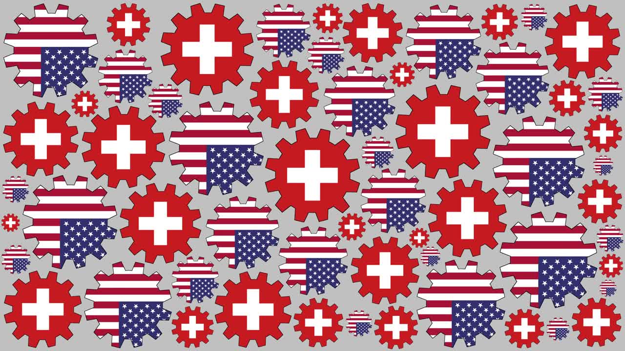 Sfondo con ingranaggi che girano e bandiere americana e svizzera