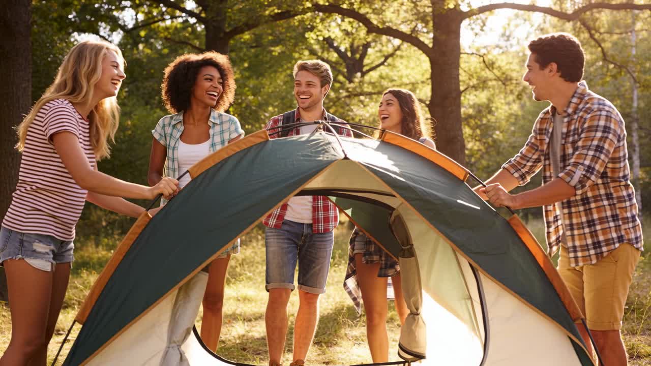 Fem campister påbegynder teltopsætning efter ankomst, løfter stænger og fastgør teltdugen til camping.