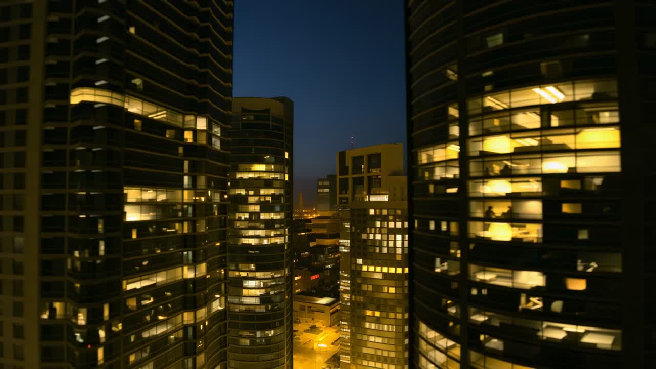 Adjusting lens focusing on twin skyscrapers framing office building at dusk, revealing lit windows
