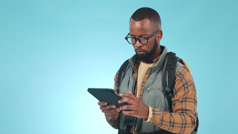 hiking, tablet and black man on blue background