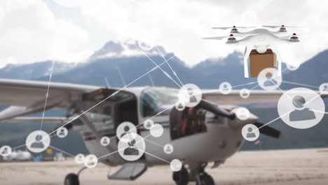 Animation-of-network-of-profile-icons-against-drone-carrying-a-delivery-box-at-an-airport