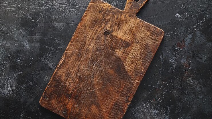 tavola da taglio in legno rustico su sfondo di pietra scura