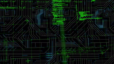 animación digital del procesamiento de datos contra las conexiones de microprocesador sobre fondo negro