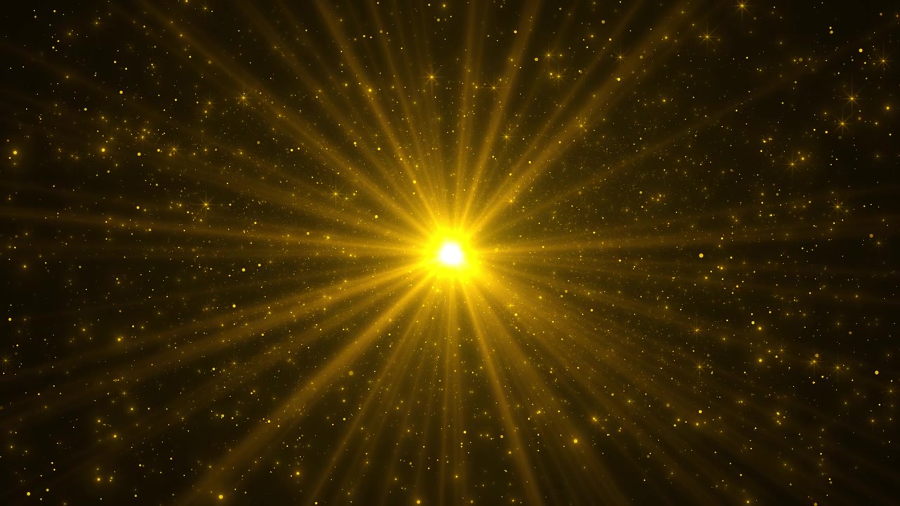 Golden starburst rays celebration background shines from bright center glitter particles glow