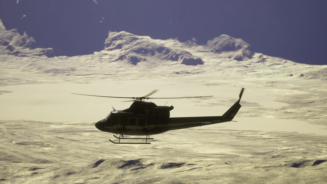 Helicopter flying over snowy mountains in a clear sky during daytime