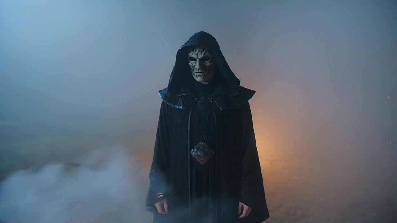 Kameraet panorerer over en hettekledd, maskert skikkelse som står på en tåkete åker for et ritual, med medaljong og bål.