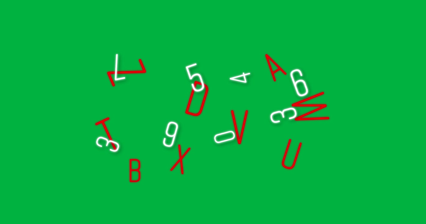 Numeri e lettere animati e colorati fluttuano su sfondo nero, simboleggiando il flusso di dati.