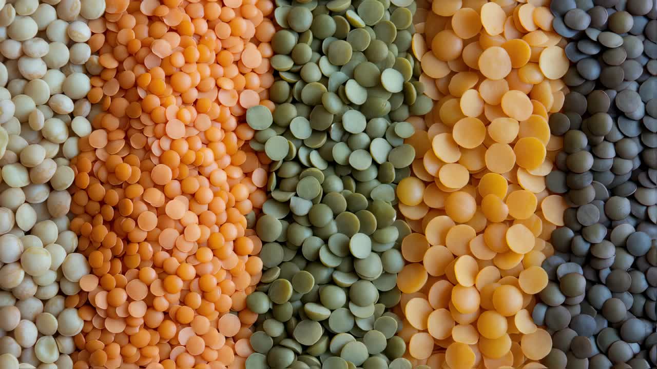 Colorful lentils forming undulating pattern on white background, displaying vibrant gradient of red, green, yellow and brown legumes in artistic arrangement