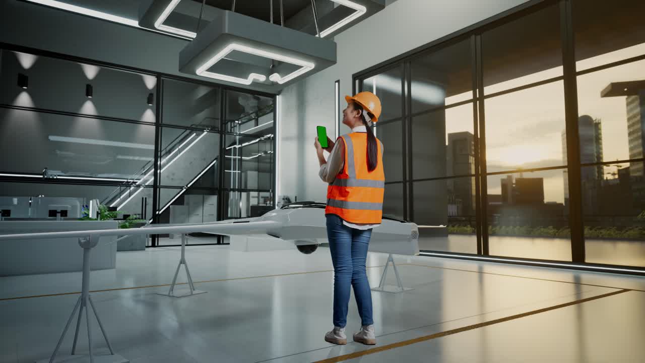 Ingeniør inspicerer drone i et moderne anlæg.