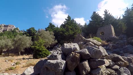 pan shot of the remains of paleo pili an historical site on the island of kos in greece