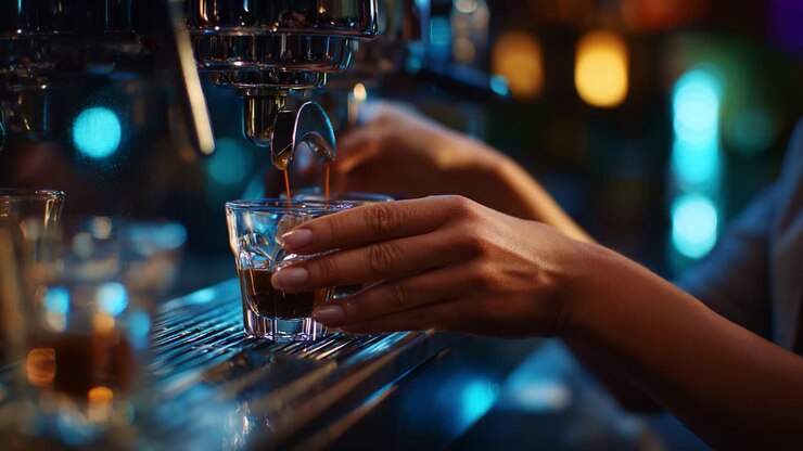Barista esperto che versa l'espresso: momenti catturati dell'arte della lavorazione del caffè con scatti perfetti dalla macchina da espresso in un'accogliente caffetteria